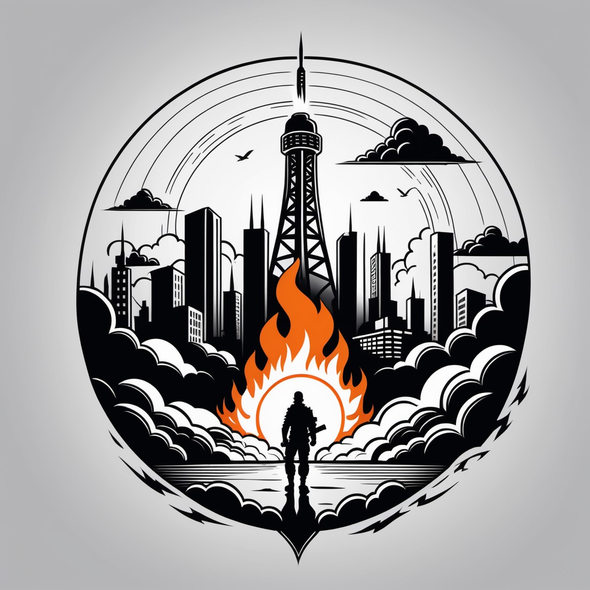 line art drawing Tattoo artwork the end of the world, burning destroyed city after nuclear blast . professional, sleek, mo...